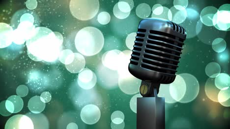 Retro-metallic-microphone-against-spots-of-light-against-green-background