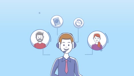 trabajador de servicio al cliente con clientes e iconos