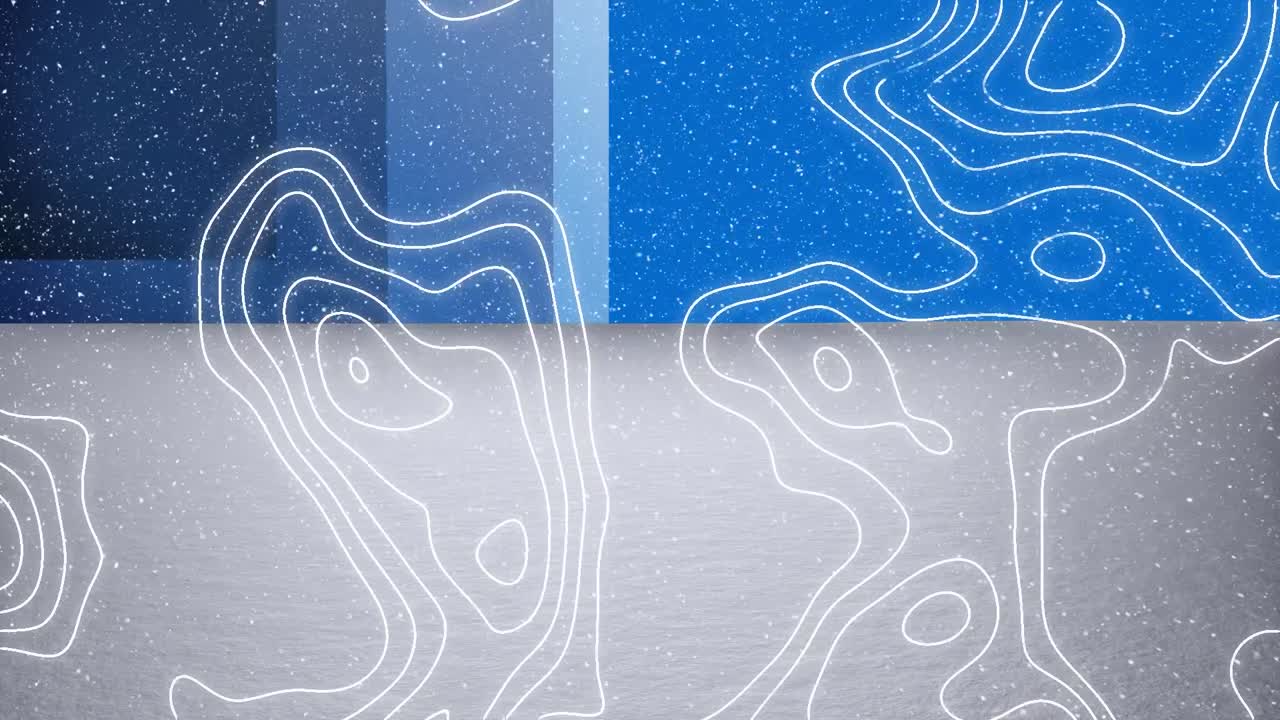 animación de formas digitales que se mueven sobre la nieve que cae y el fondo azul