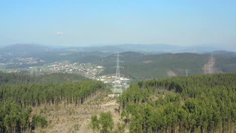 electricity pylon in the middle of a cut down stripe in the forest - aerial fly-over shot