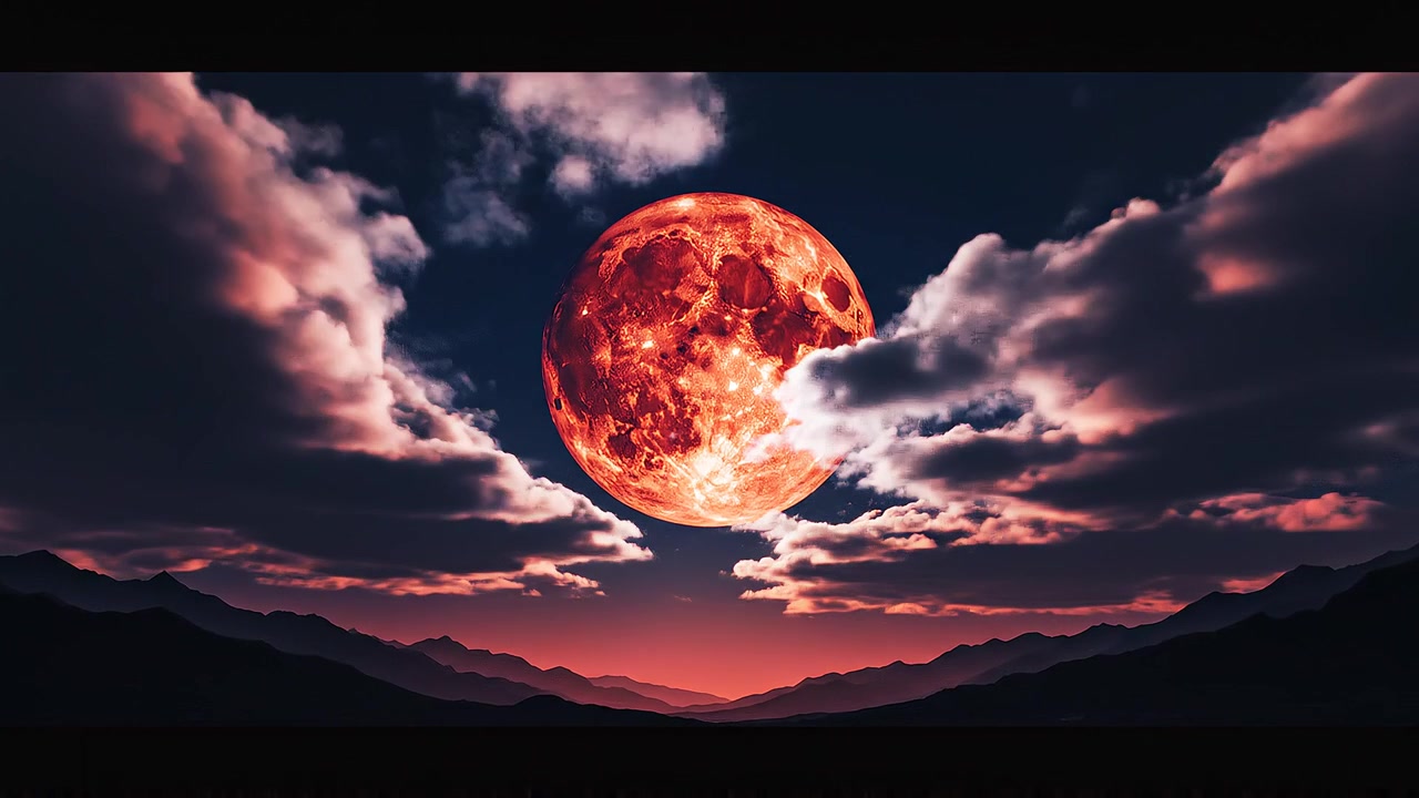 Dramatic blood moon rising over mountain silhouettes under cloudy sky