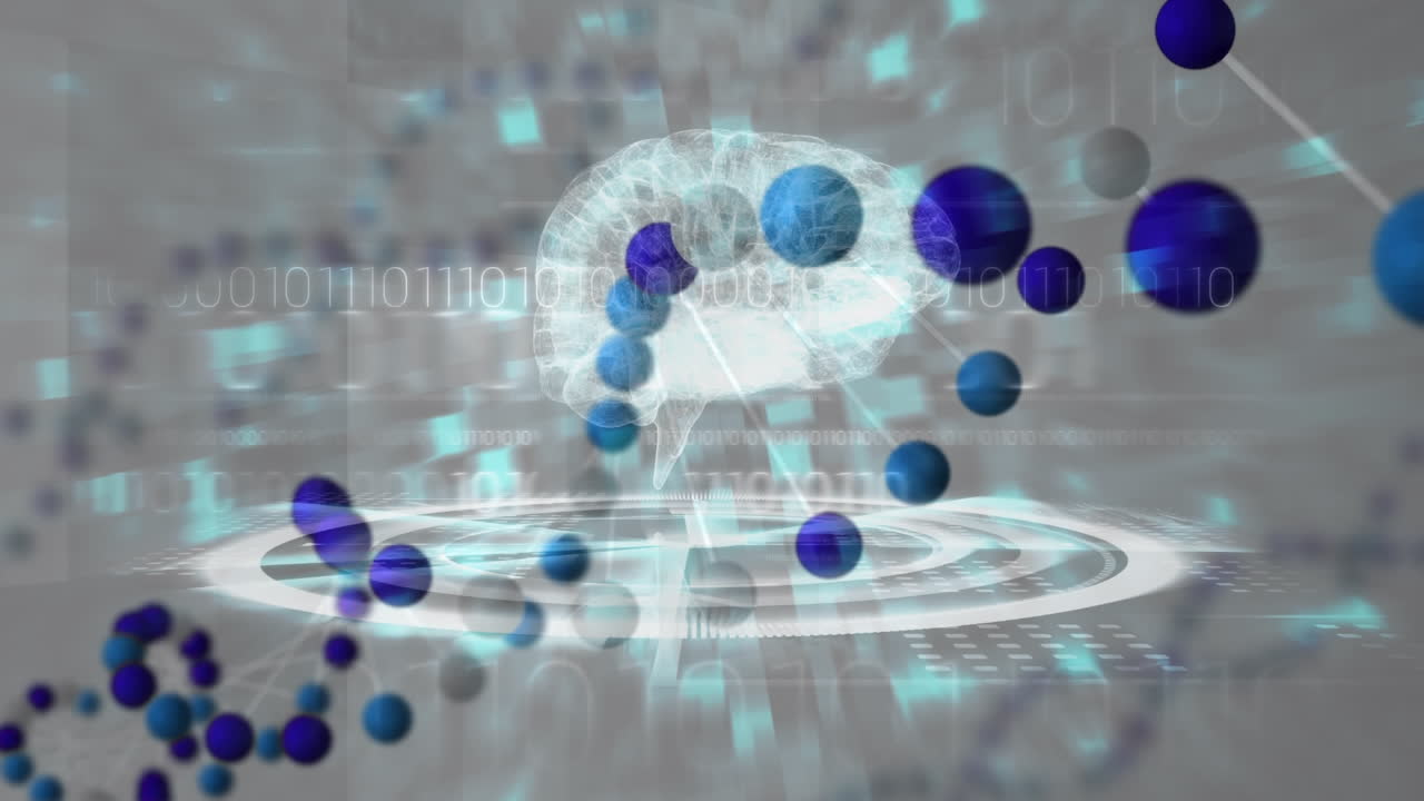 인간 뇌의 애니메이션, 바이너리 코딩, dna 가닥 스핀링 및 데이터 처리