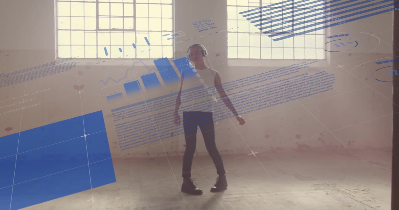 Man adjusting headset walking across loft as blue graphics sliding in, engaging gestures for tech