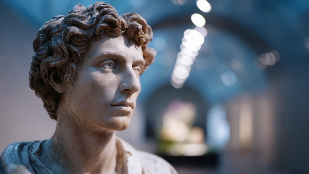 Magnificent Marble Bust Showcasing Intricate Details of Classical Sculpture Displayed in an Art Gallery with Soft Lighting and Focus on the Subject's Expression