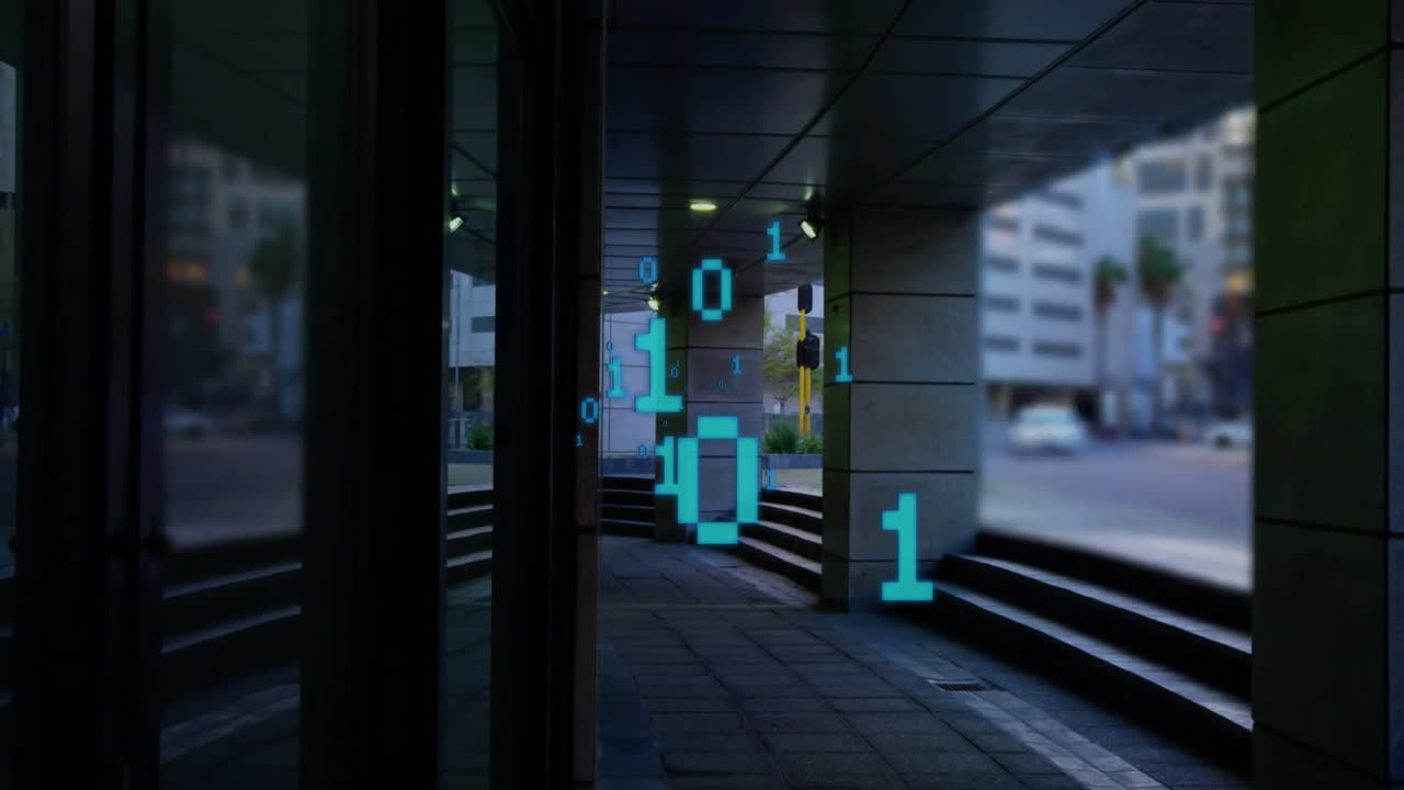 Animation of binary coding and data processing over cityscape