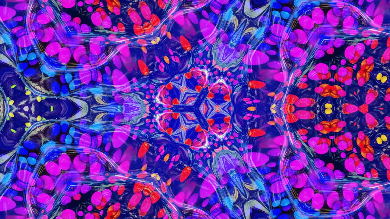 kaleidoscope effect from wavy shiny liquid surface with distorted circles float like drops of paint in oil. Creative background with multicolor gradient in 4k. 3d