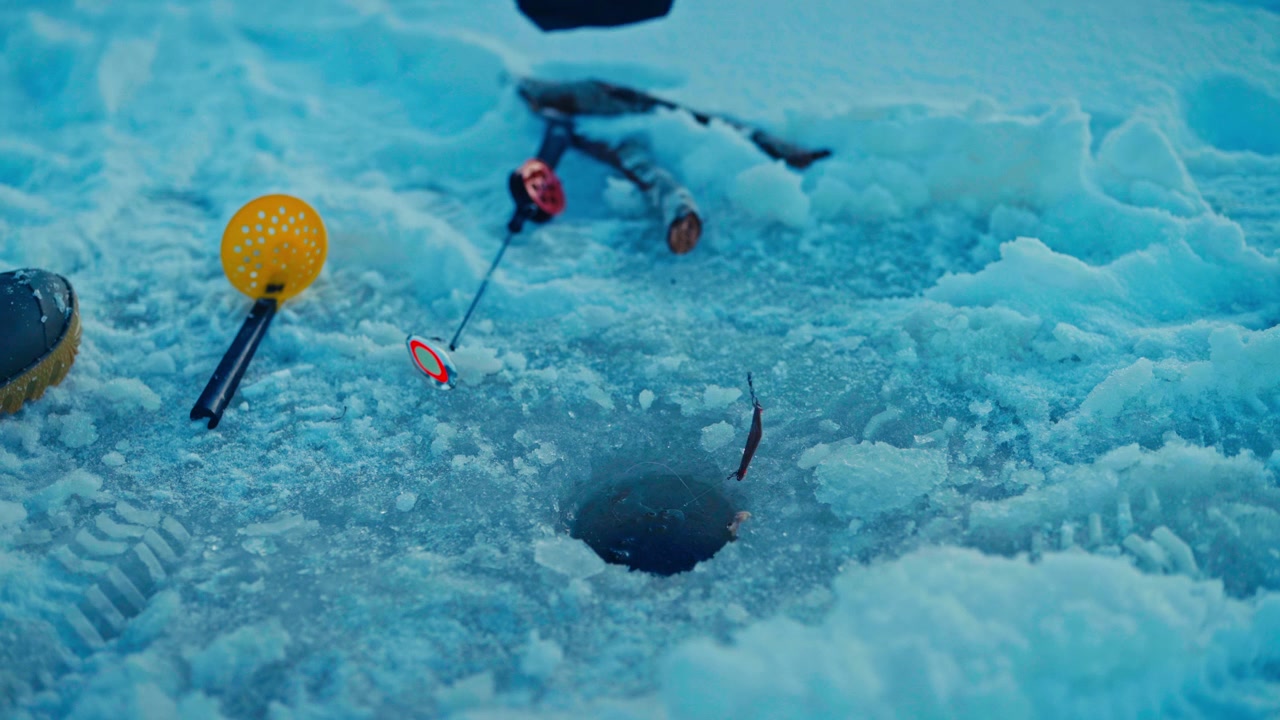 An Ice Fishing Rod Is Positioned Through An Ice Hole On A Frozen Lake During The Winter Season. Close-up Shot