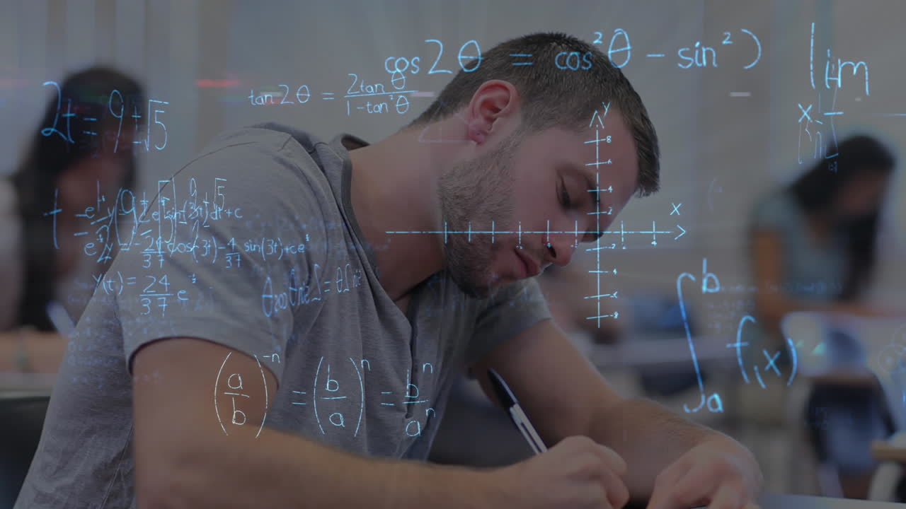 estudiante sentado en un examen en el aula contra cálculos matemáticos
