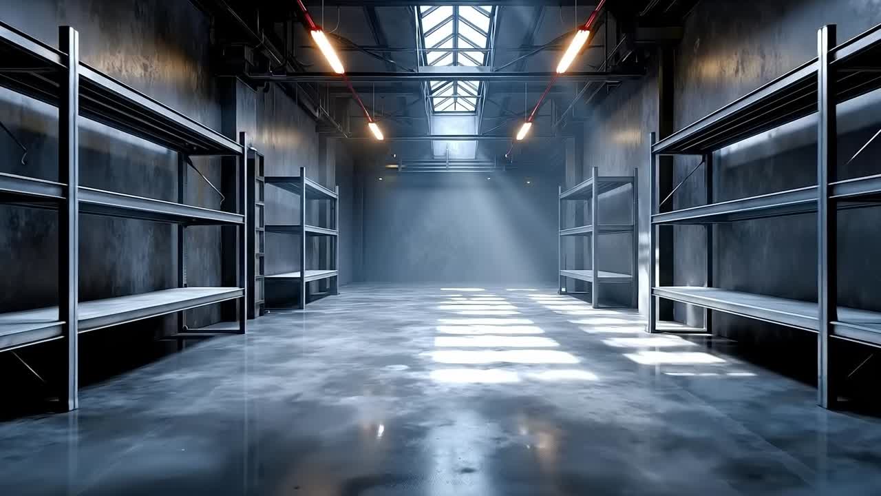 A dark room with shelves and a skylight in the middle of it