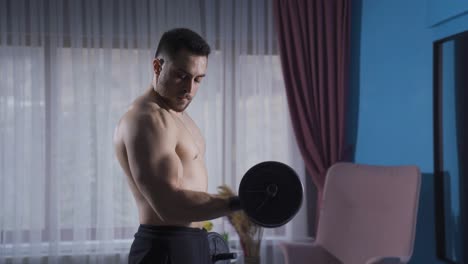 young athlete male stretching for leg fibers. doing sports at home.