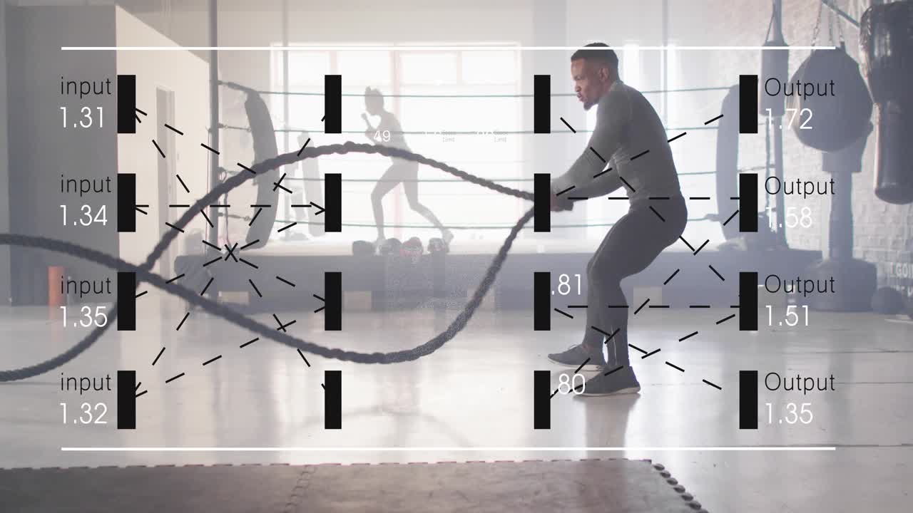 Fitness athlete doing battle ropes in gym, driving legs building power as overlay reacting to waves