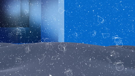 animation of christmas shapes and snow falling on blue background