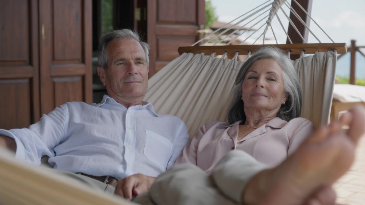 Coppia di anziani che si sistema leggermente su un'amaca in veranda coperta, regolandosi per il comfort, con i piedi.