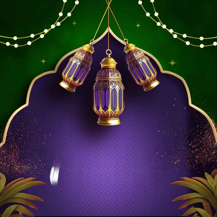 Animazione banner di celebrazione Eid Mubarak con lanterne sospese, stelle e design di cornice islamica ornamentale.