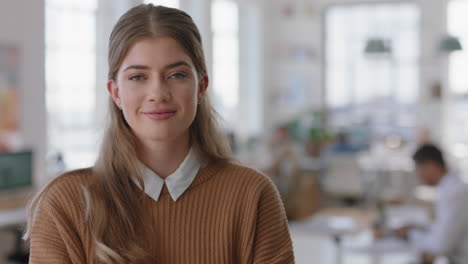 portrait beautiful business woman smiling happy entrepreneur enjoying successful startup company proud manager in office workspace