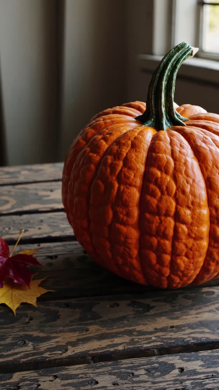 Close-up video of a textured pumpkin on a rustic wooden table, shot from a low angle