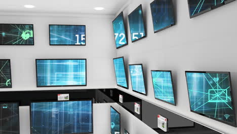 animación de la red y el procesamiento de datos mostrados en múltiples televisores de pantalla plana en la exhibición de la tienda