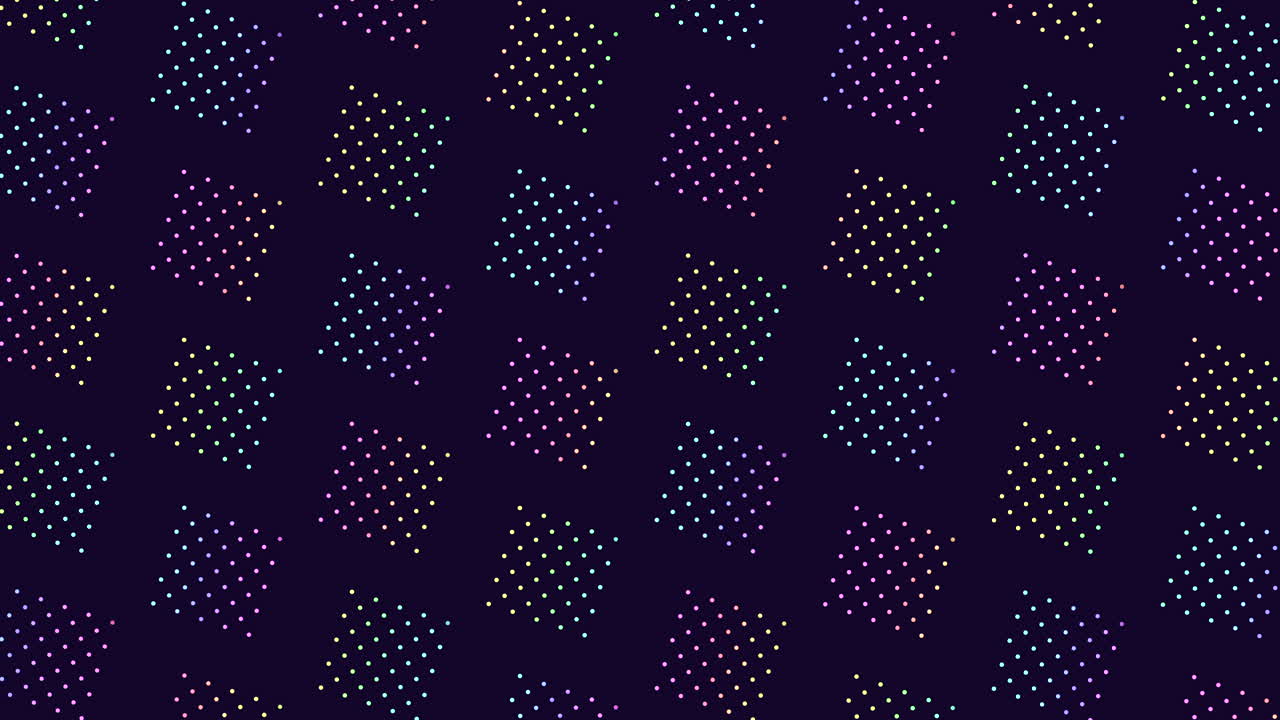 Symmetrical geometric pattern of colored dots on dark background
