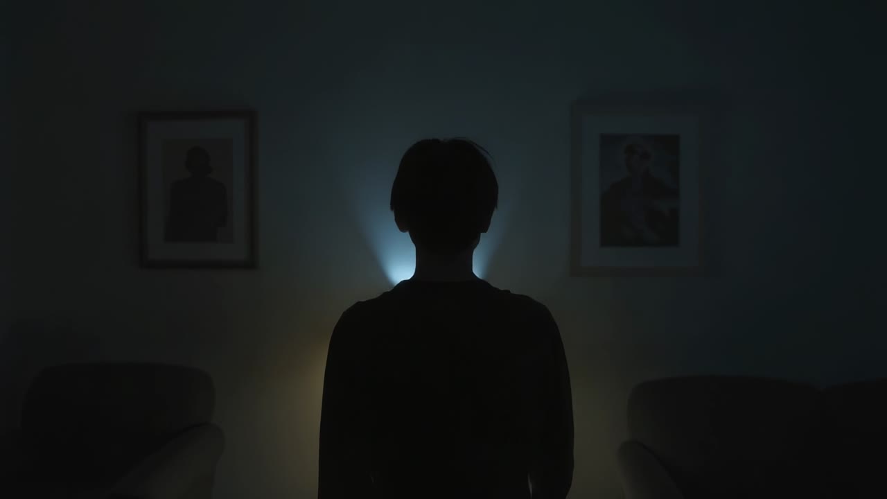 Standing man in dark top stepping toward growing backlight in living room, lighting lamp and couch