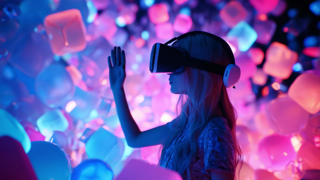 Exploring a Colorful Virtual Realm: A Young Individual Engaging with a VR Headset Surrounded by Vibrant, Luminescent Shapes and Colors in a Captivating Digital Experience