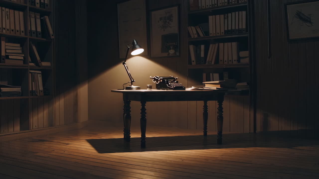 Vintage Writer's Desk in a Dark Library
