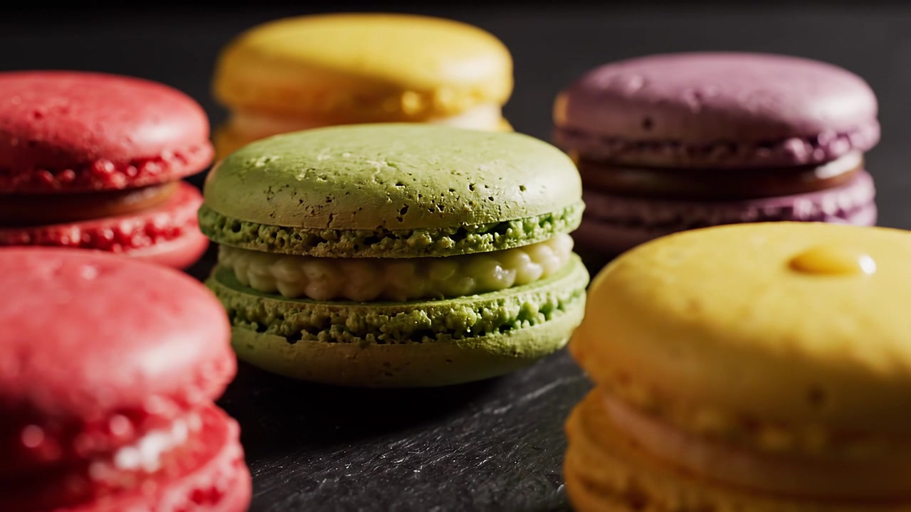 Assorted colorful french macarons on dark slate background