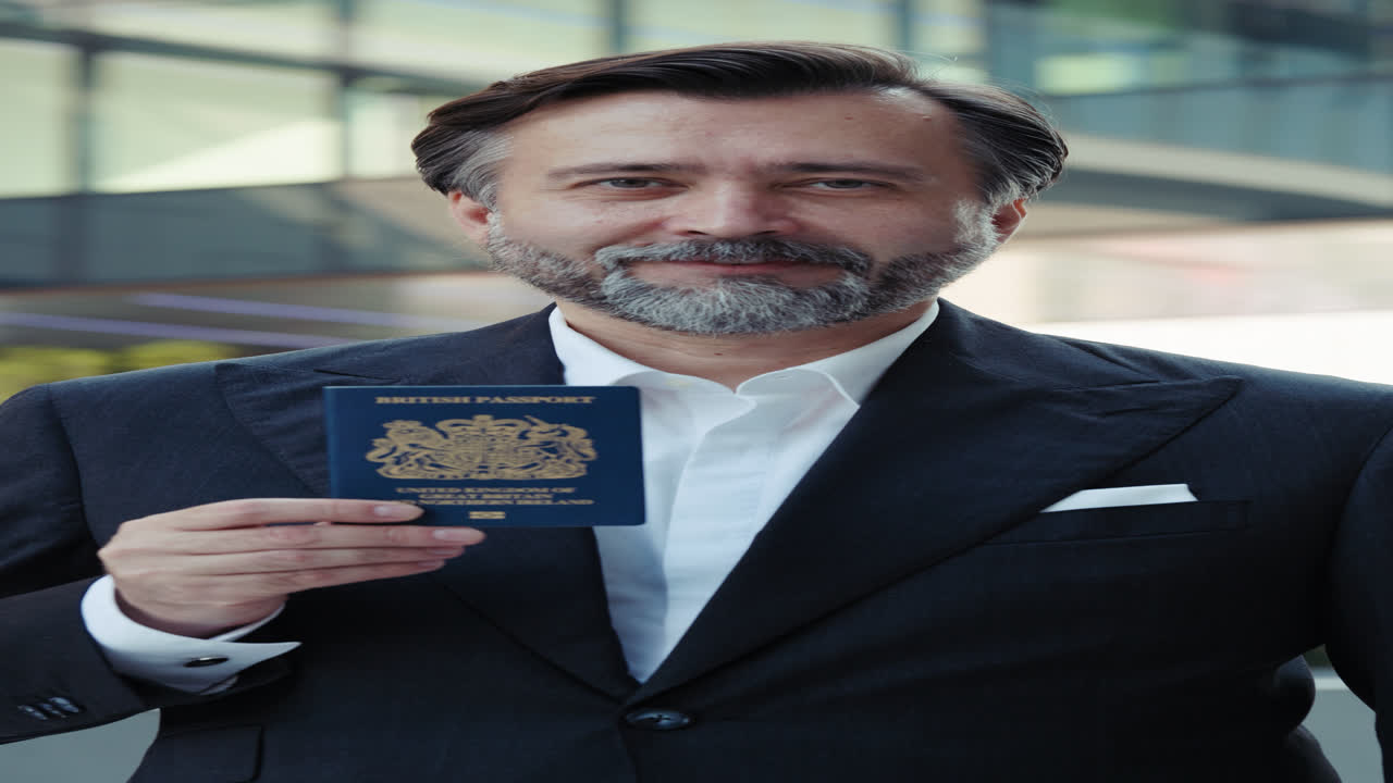 Podnikatel držící britský pas venku