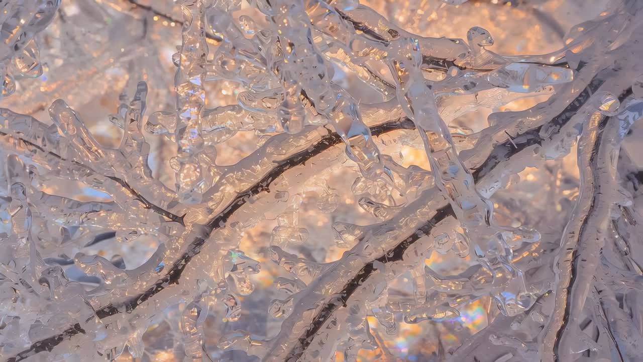 Spostamento della telecamera che rivela sottili rami ricoperti di ghiaccio trasparente, la luce del sole all'alba mostra le bolle intrappolate