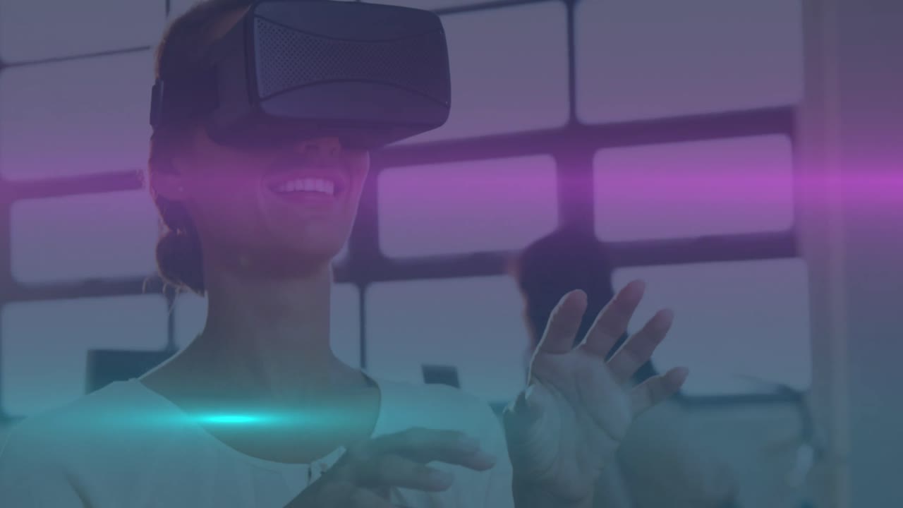 Animation of light spots over biracial woman with vr headset