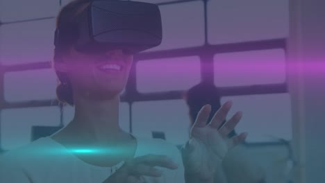 animación de puntos de luz sobre una mujer biracial con auriculares vr
