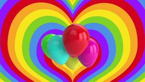 Animation-of-balloons-over-heart-shape-rainbow-background