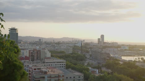 Hi-Res-View-Above-Forest-Trees,-Barcelona-Spain-City-Skyline-with-Golden-Sunrise-in-6K-as-Birds-Fly