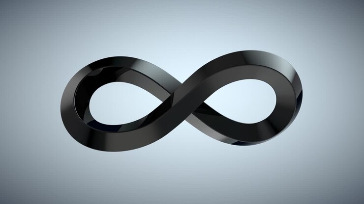 Infinity black sign on grey background. Geometric abstract shape. Financial Website, apps, social media, presentation, design template element and other e-commerce. Seamless loop, 3d animation in 4K