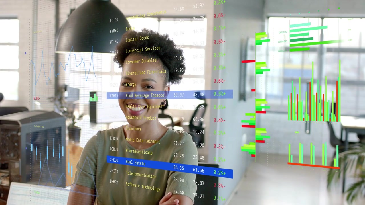 Analyst viewing live finance data updating clear UI marking rows moving bars folding arms tracking