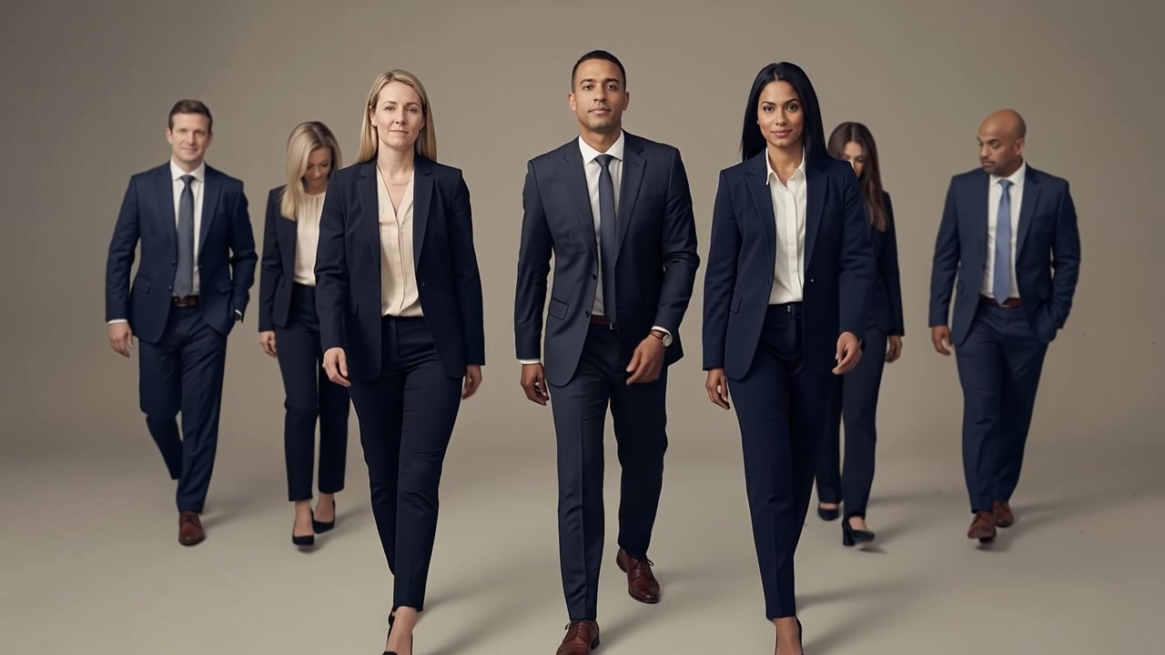 Group of diverse business professionals in suits standing together in a corporate studio portrait