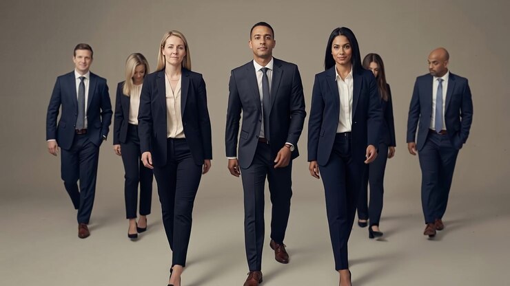 Group of diverse business professionals in suits standing together in a corporate studio portrait