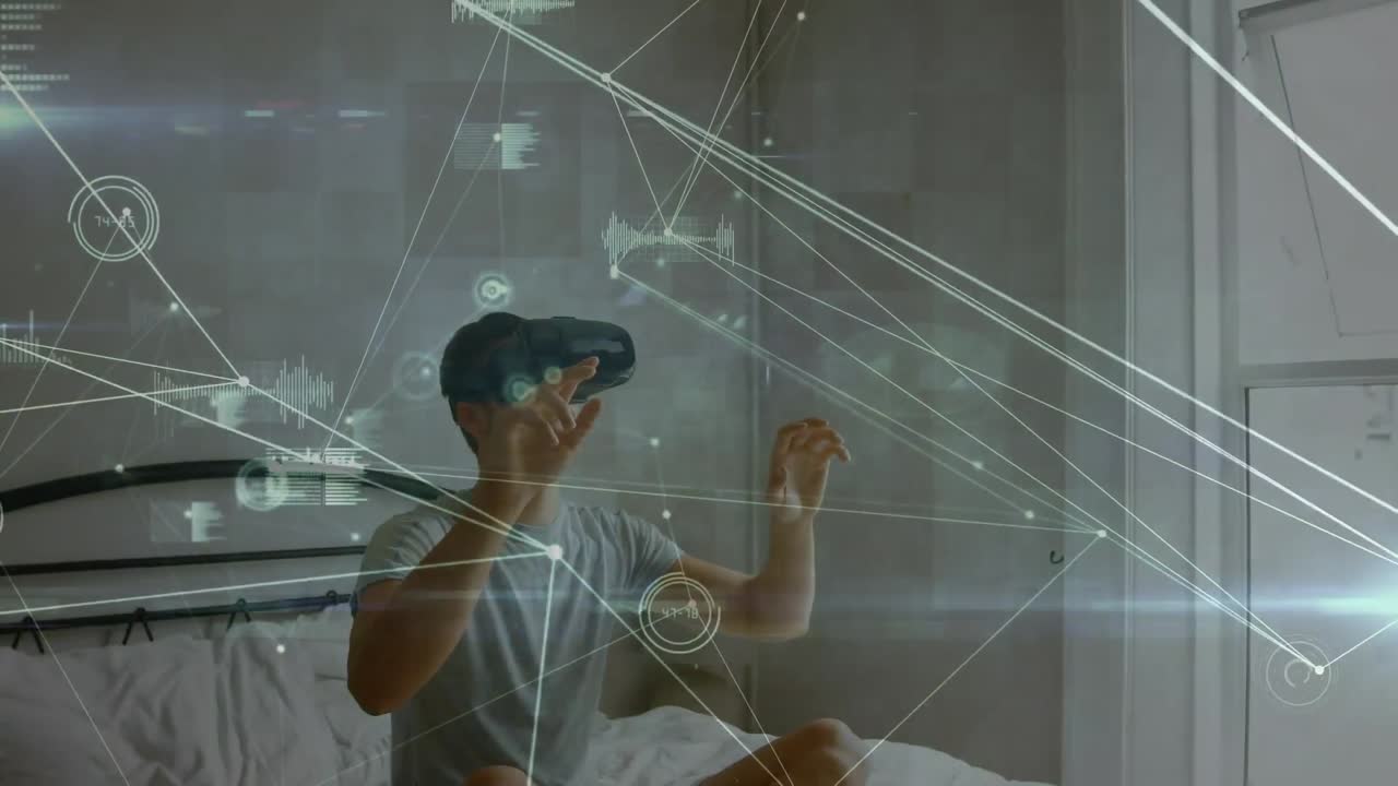 Animation of network of connections over caucasian man wearing vr headset