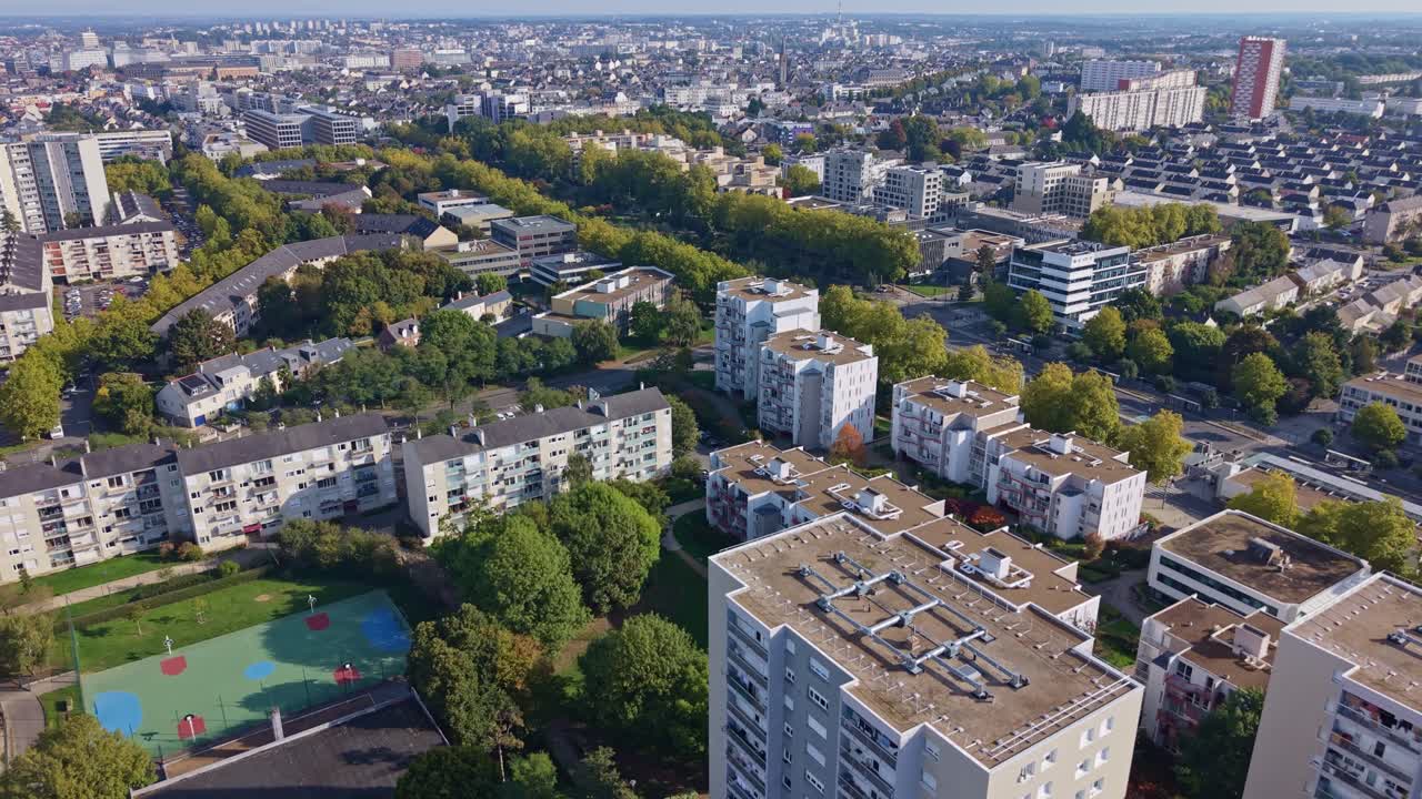 Henri Fréville neighborhood in Rennes, cityscape, urban development, France. Aerial forward