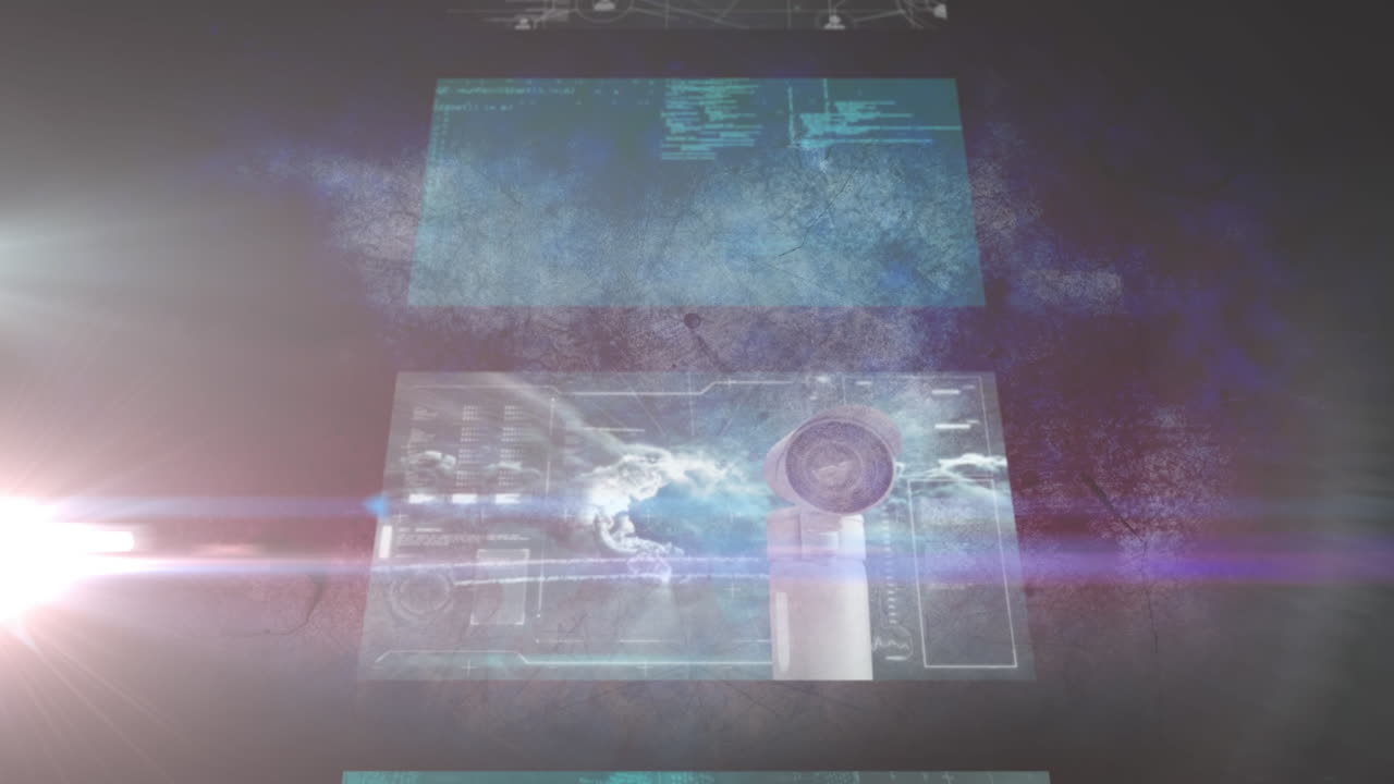 Animation of digital screens and light trails on black background