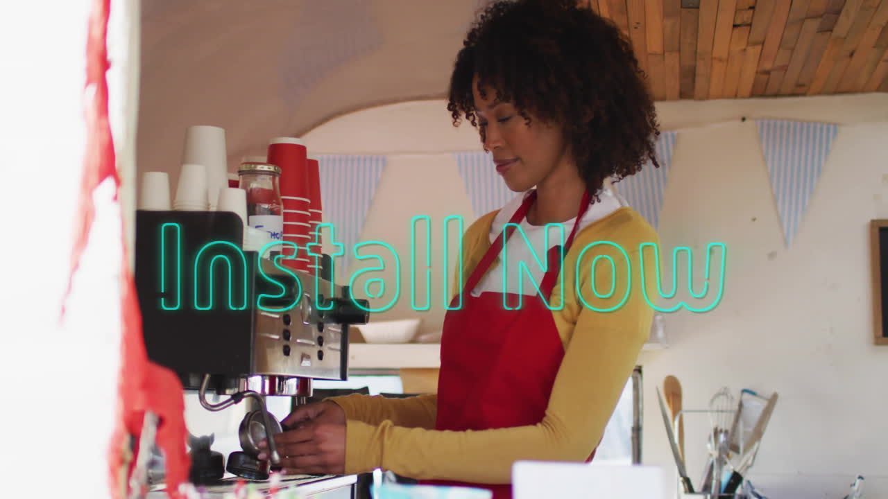 Preparing coffee, barista in cafe with animation of Install Now text