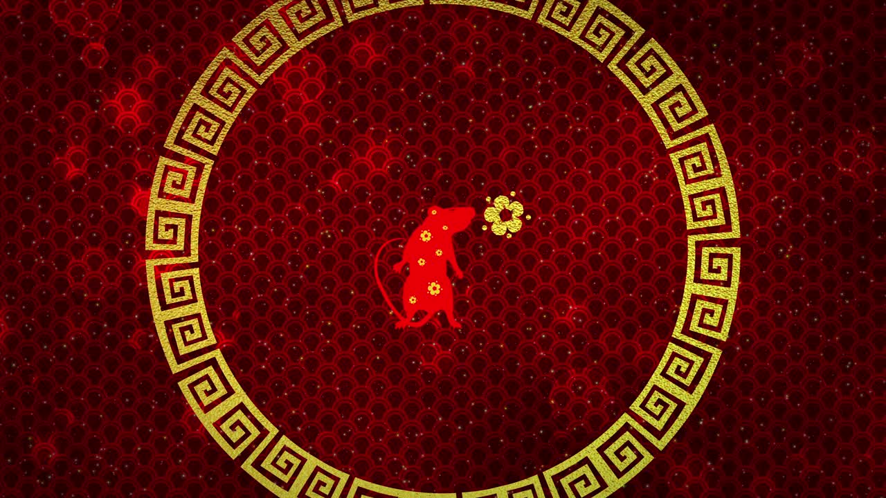 fondo de año nuevo chino rojo con oro, rata, fuegos artificiales, estrellas relucientes 3d rendering bucle 4k. mágica feliz año nuevo animación