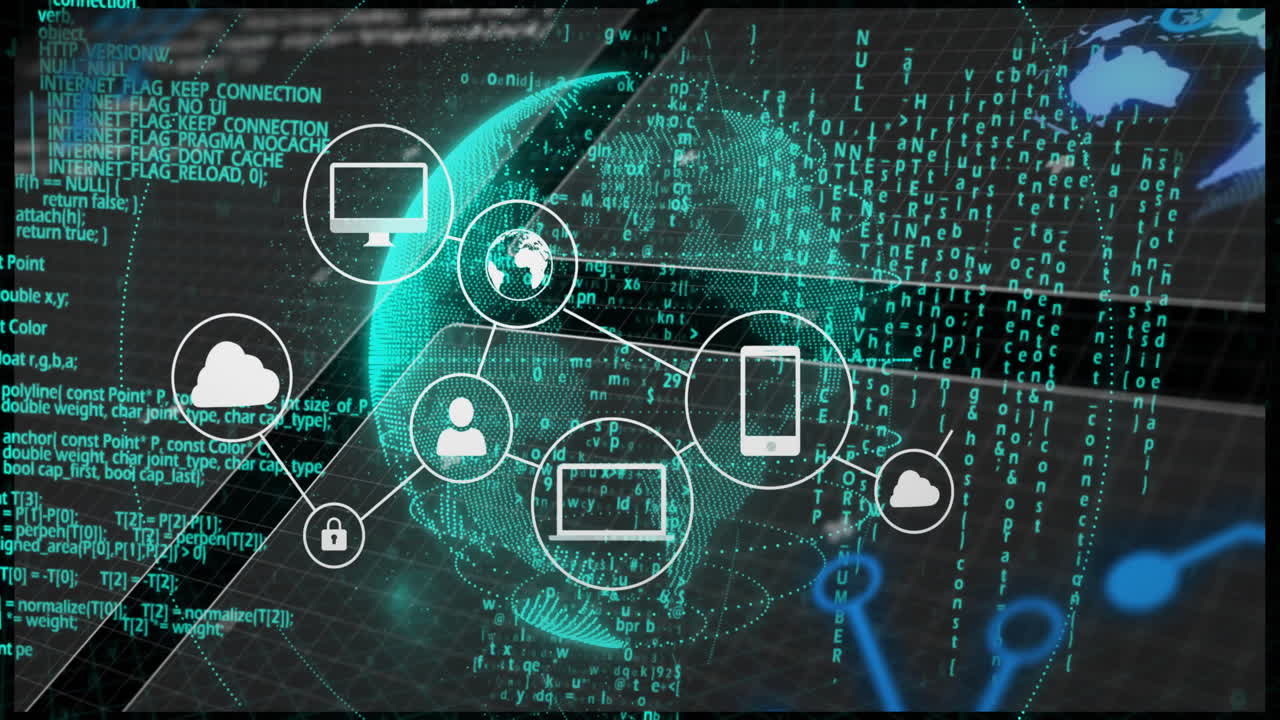 Digital network connections and data processing animation over globe and binary code