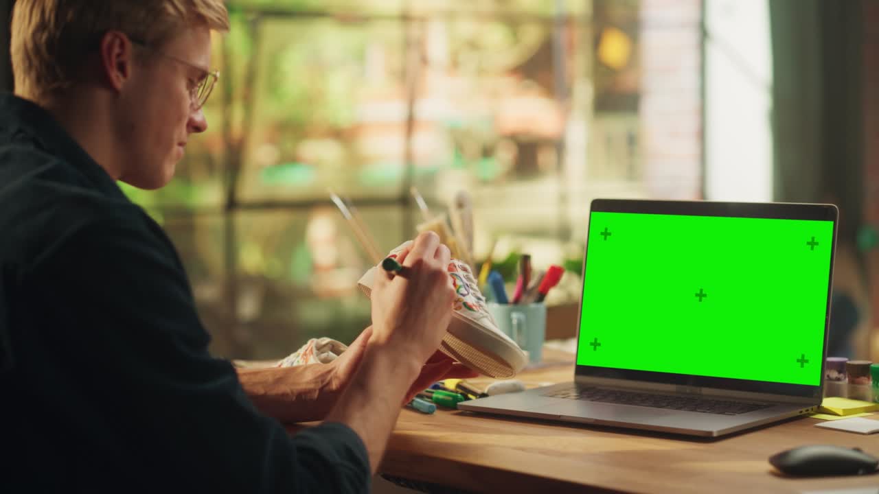 Male Designer Drawing on Shoe in front of Laptop Computer with Green Screen Mock Up Chroma Key. Teenage Freelancer Designing Unique Footwear at his Workshop for Online Sale Exclusive