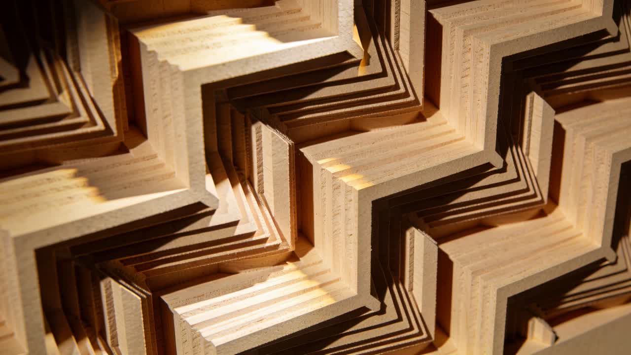 Luce calda mutevole che attraversa una forma a zigzag in legno in studio, rivelando la venatura del compensato a strati.