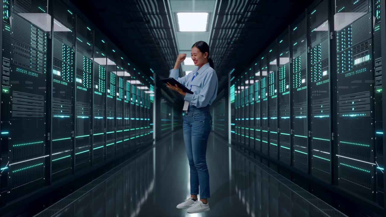 Helkrops sidebillede af asiatisk kvinde med sin tablet i et serverrum/datacenter, hun løfter knyttet næve med et jubelråb