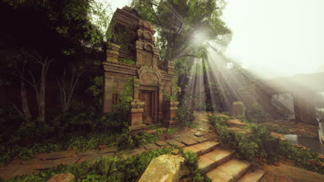 ancient temple ruins overgrown by jungle