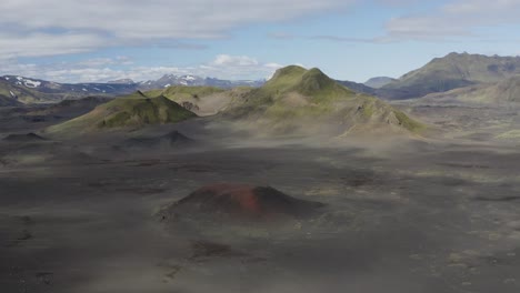 aerial panorama view showing beautiful icelandic highlands with volcanoes and snowy mountains in backdrop