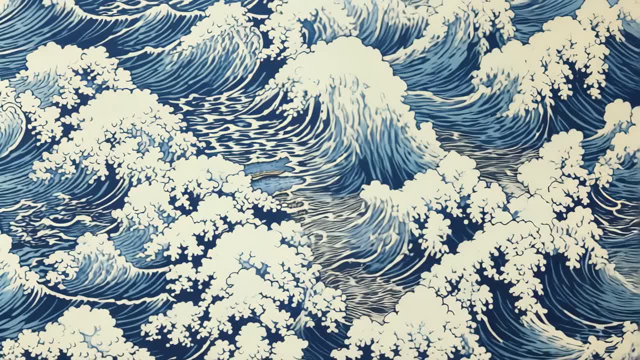 Illustration de vagues océaniques turbulentes dans un style japonais traditionnel, capturées en contre-plongée