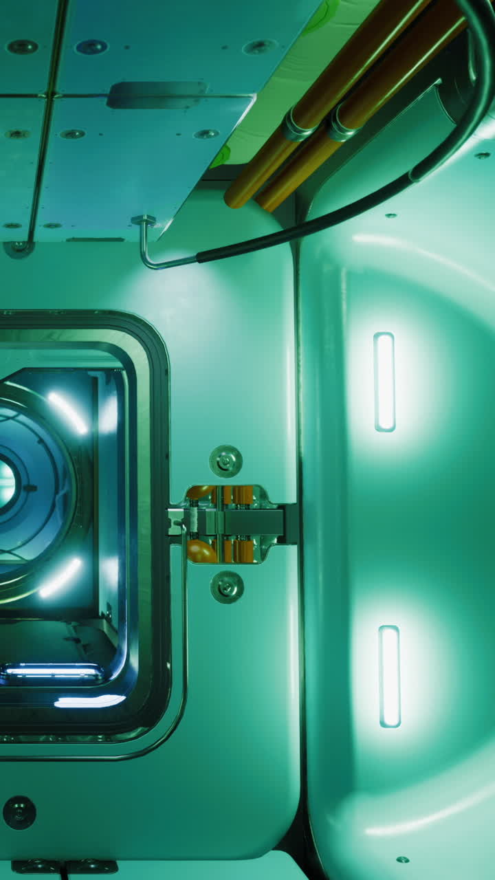 Guardando l'interno di un modulo spaziale con luci intense e tecnologia.