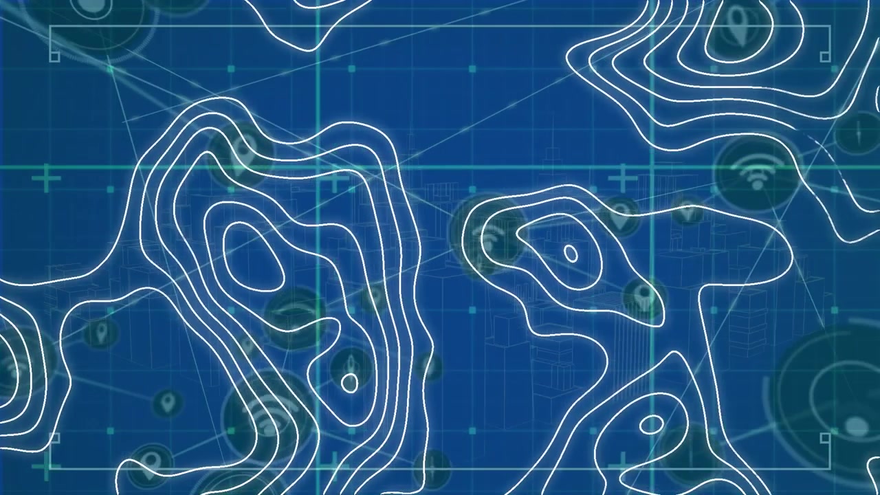 Animation of topography patterns and network of digital icons over gird network on blue background